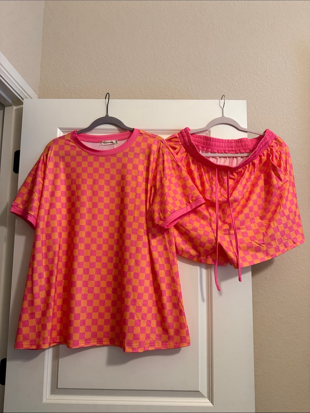 Southern Stitch Pink & Orange Checkered Short Sleeve Lounge Set